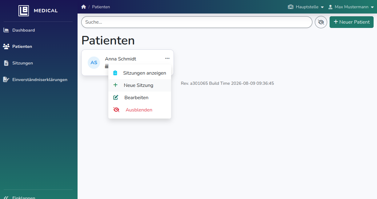Neue Sitzung aus Patient