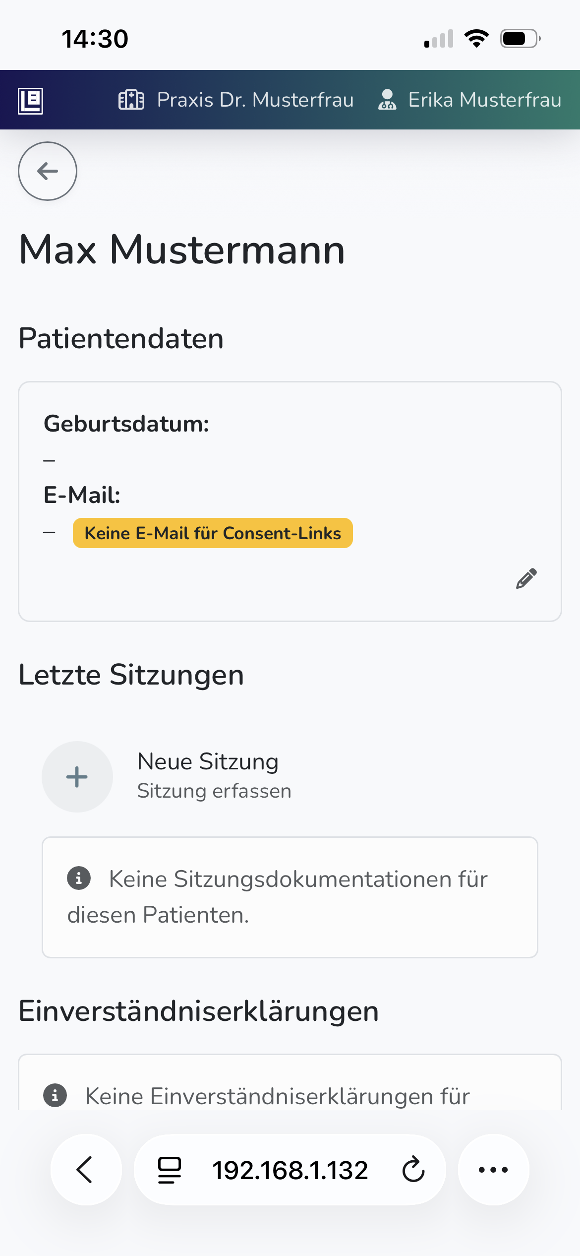 Patientendetails mit Eintrag Neue Sitzung