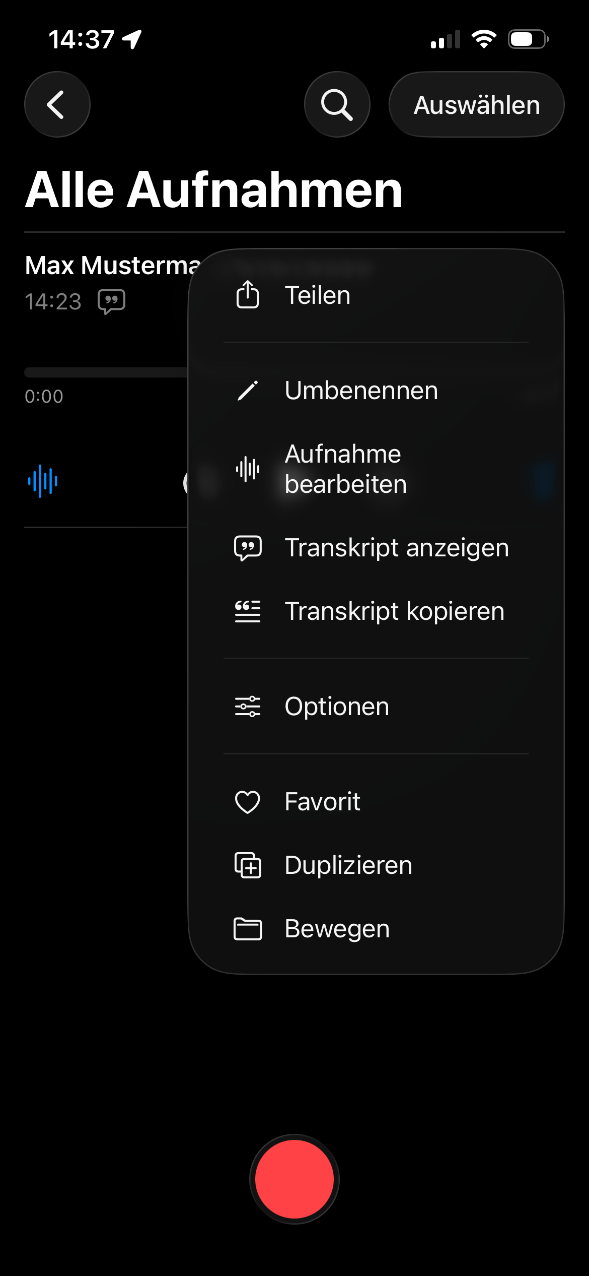 Kontextmenü der Aufnahme